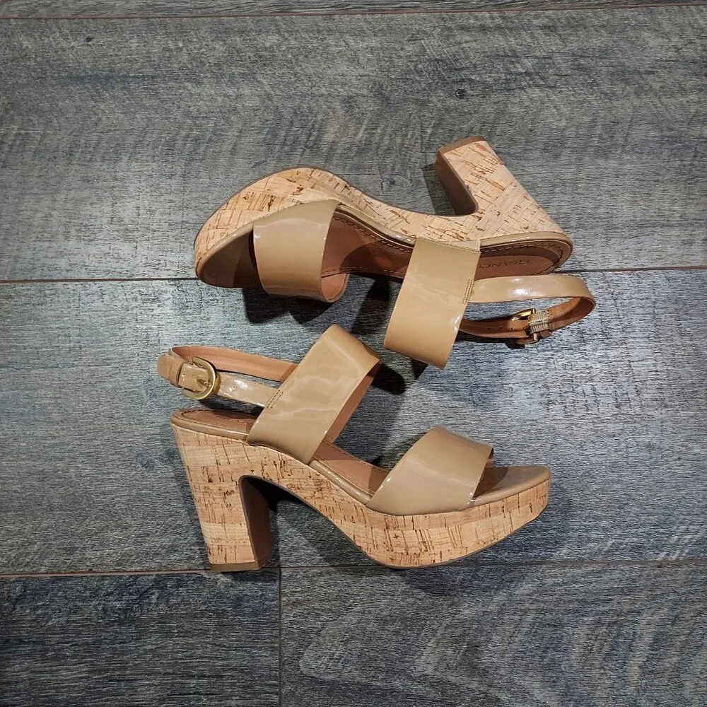Franco Sarto Block Heel Sandal Women Size 7.5 Camel Patent Leather 4” Heel - Picture 4 of 9